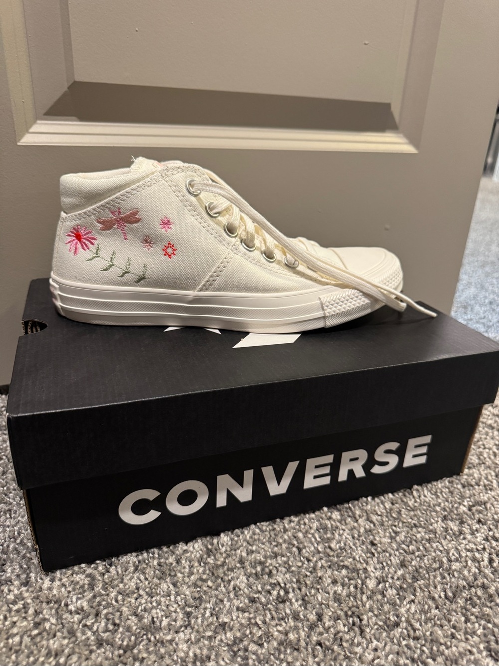 Converse Cream High-Top Sneakers with Pink Floral Embroidery